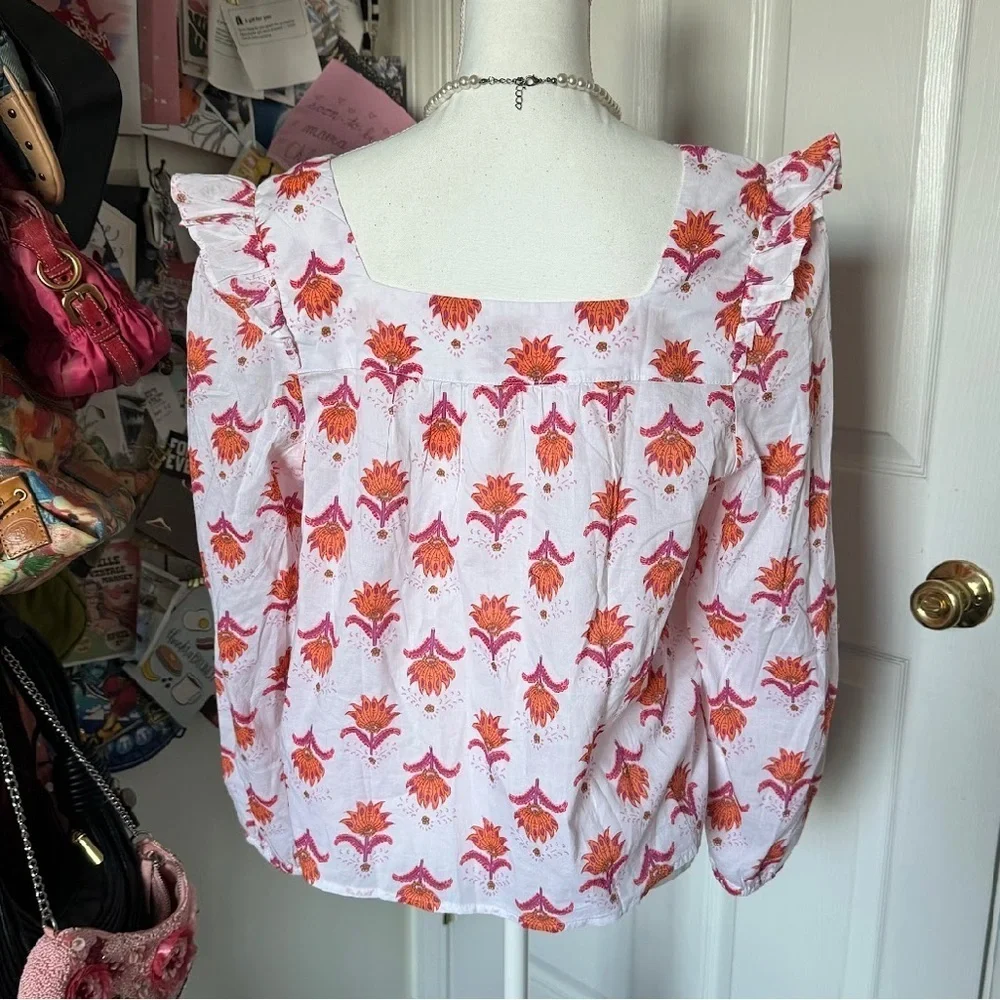 NWT J. Crew Orange Ruffled 3/4 Sleeve Blouse Large
